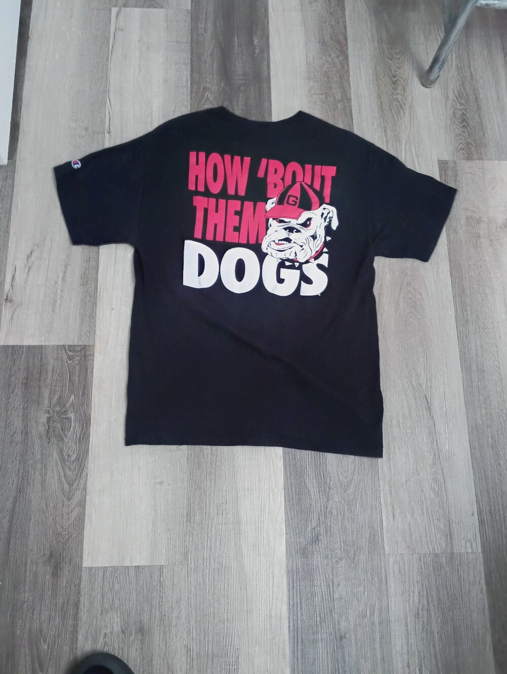 Champion Black Tee with Georgia Red and White 'How 'Bout Them Dogs' Graphic